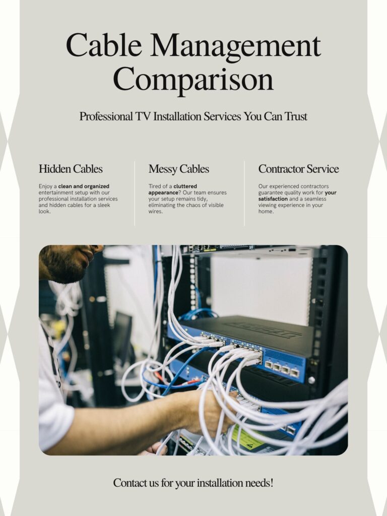 Professional TV mounting cable management solutions for Barrie homes showing before and after professional installation results