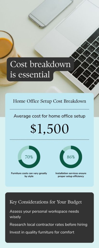 Home office setup cost breakdown chart for Bradford Ontario homeowners showing desk installation electrical work and organization system pricing