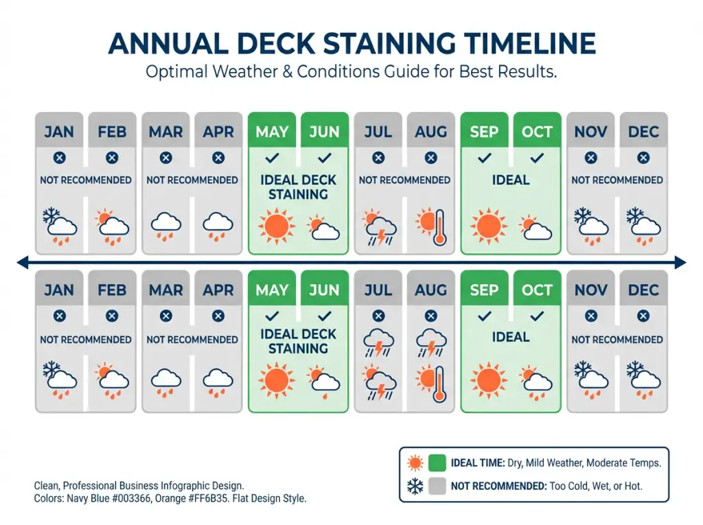 Calendar graphic showing best months for deck staining in Barrie Ontario - late May through June and September through October