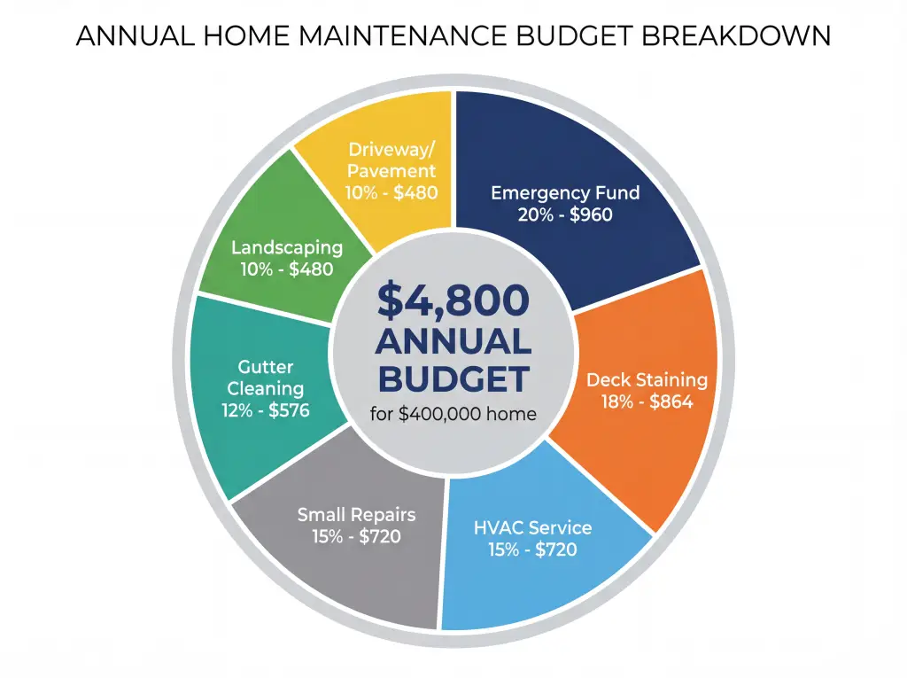 Pie chart showing annual home maintenance budget breakdown by category including HVAC deck painting and repairs