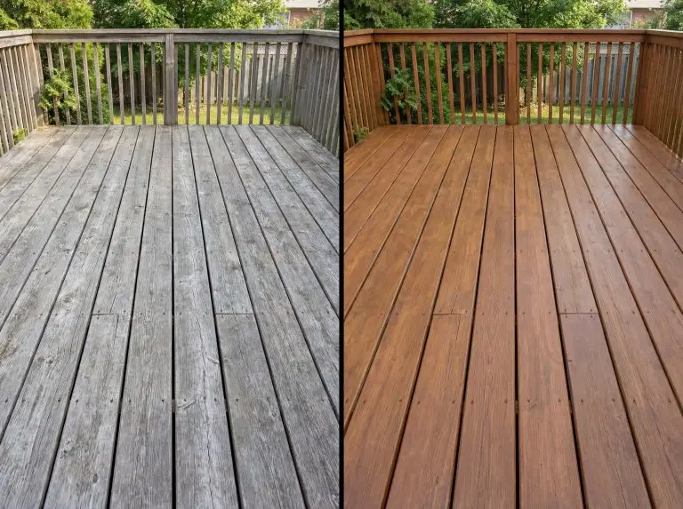 Split comparison showing faded weathered deck versus professionally stained deck in Barrie Ontario