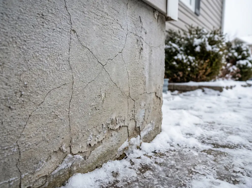 Barrie Ontario house foundation showing freeze-thaw damage with visible cracks from winter weather cycles