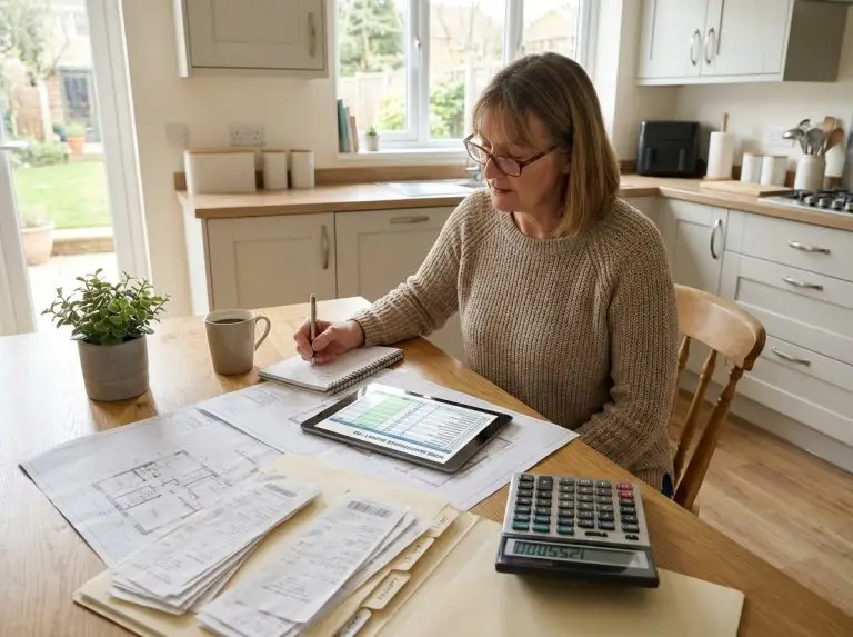 Homeowner reviewing maintenance budget with calculator house plans and cost estimates for Barrie home