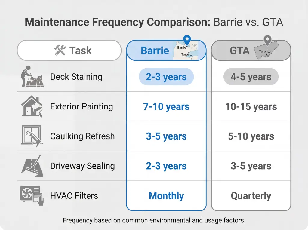 Comparison chart showing Barrie homes need maintenance 30-50% more frequently than GTA homes due to harsher climate