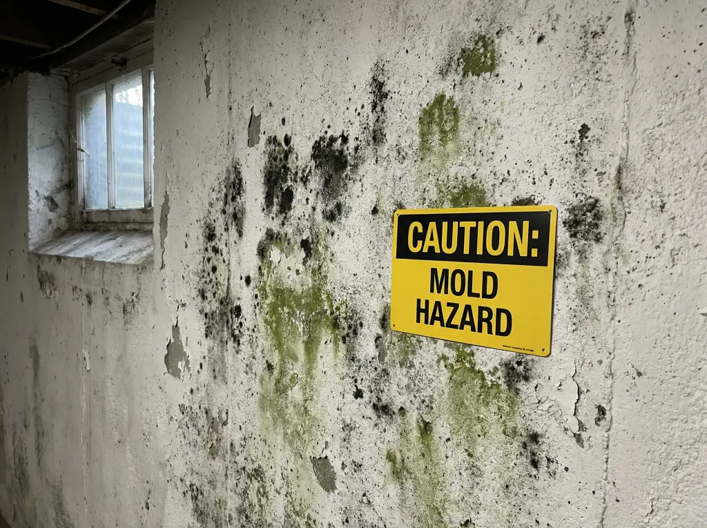 Visible mold growth on basement wall in Barrie home showing black mold spots and moisture damage