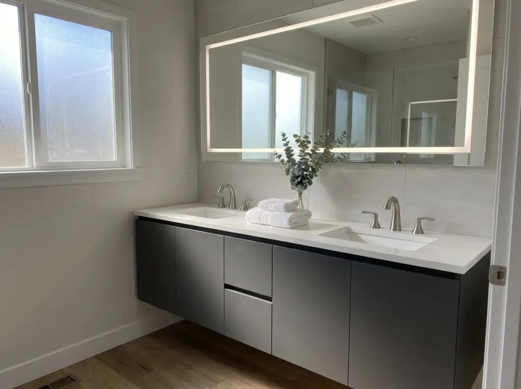 Modern bathroom vanity installation showing updated fixtures and lighting during winter renovation project