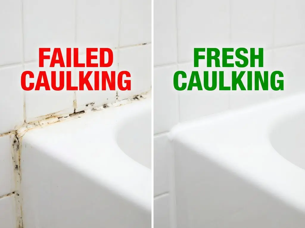 Before and after comparison of failed moldy caulking versus fresh white bathroom caulking