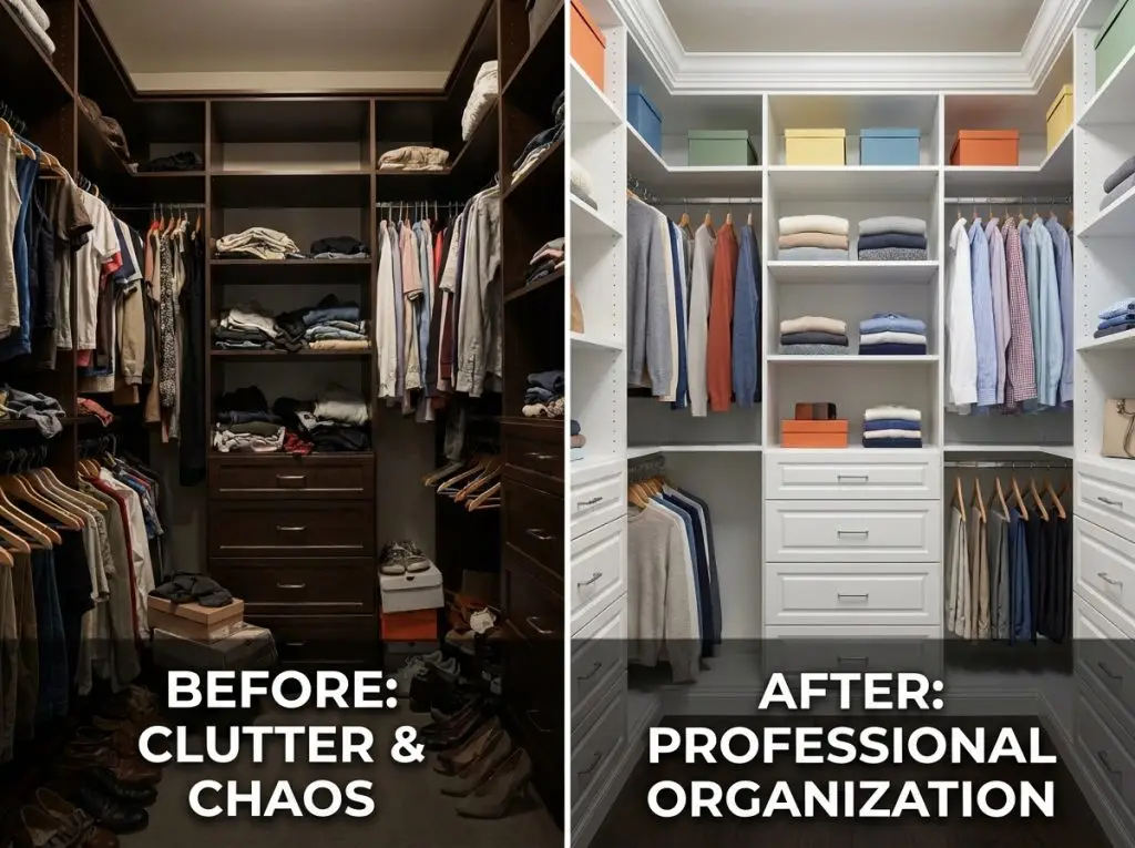 Before cluttered closet and after organized closet system installation showing winter organization project results