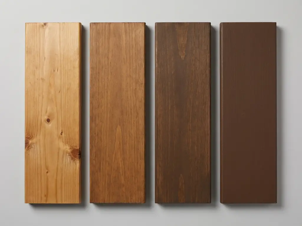 Four deck boards showing clear semi-transparent semi-solid and solid deck stain finishes for comparison