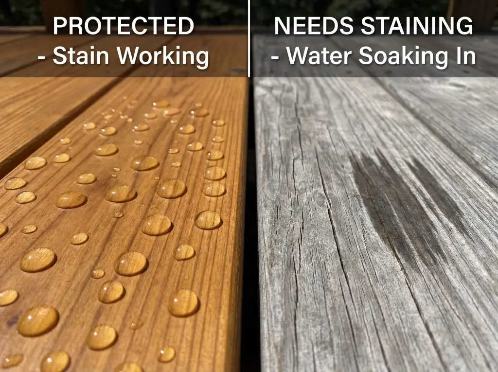 Split screen showing water beading on stained deck versus water soaking into unstained weathered deck