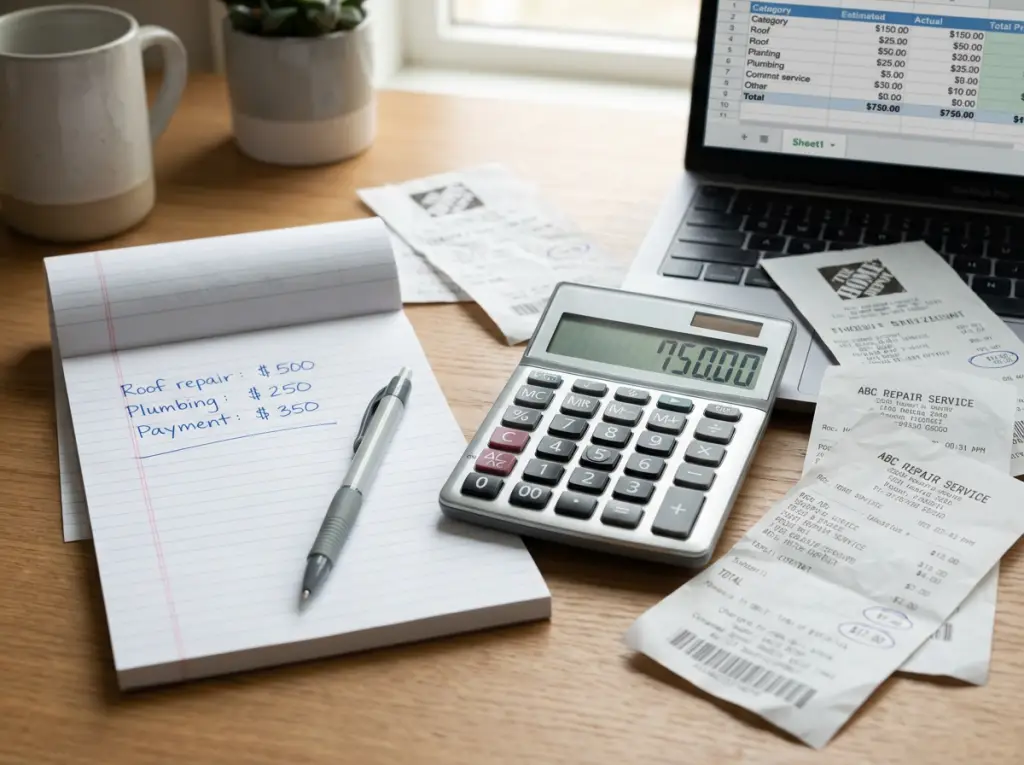 Calculator showing home maintenance budget calculations with receipts and cost estimates for Barrie homeowner