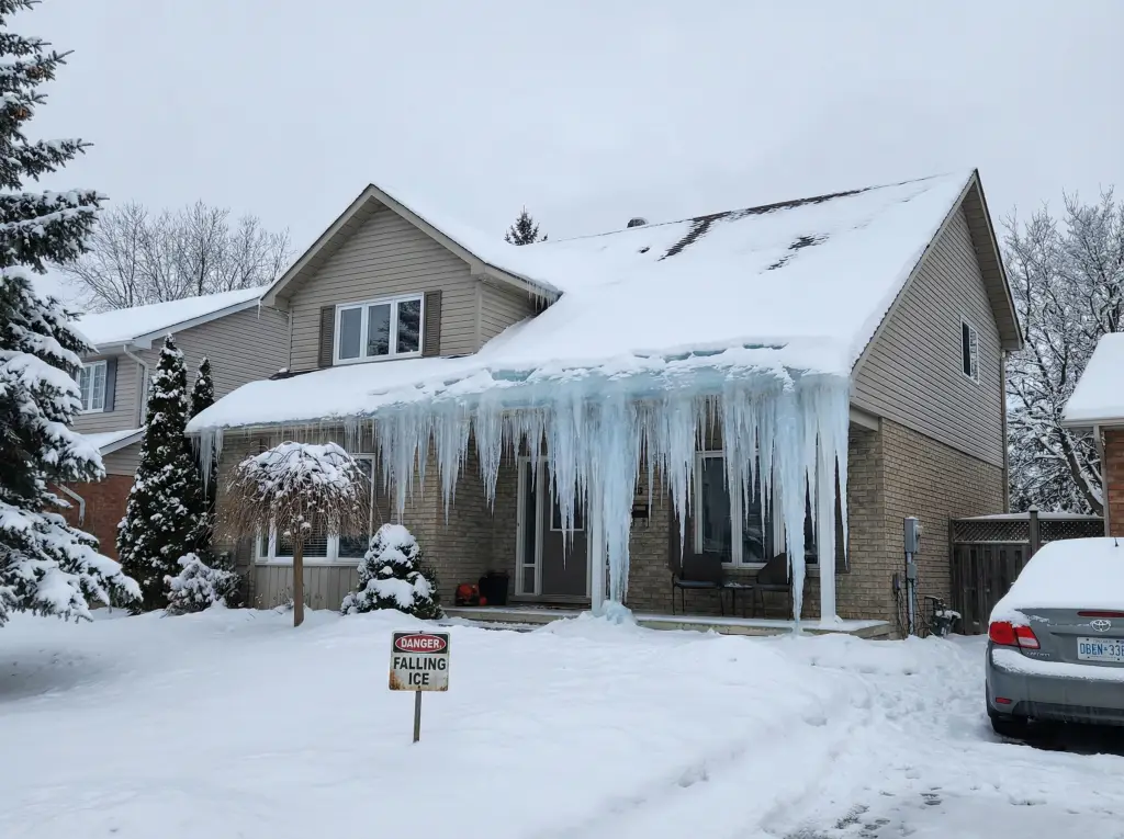 Large ice dam formation on Barrie home roof showing dangerous icicles and potential water damage risk