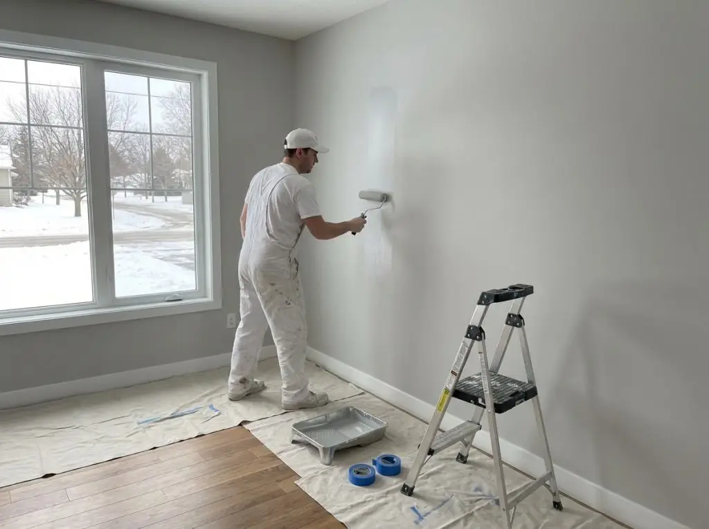 Professional painter working on interior wall in Barrie winter showing smooth even paint application