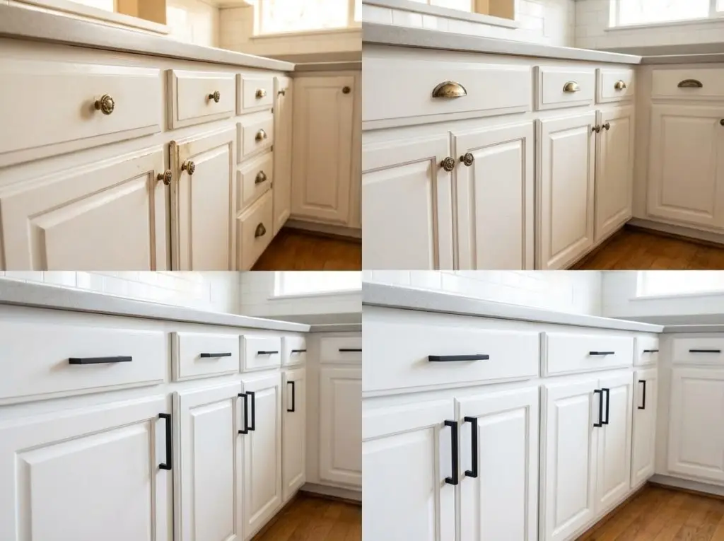 Before and after kitchen cabinet hardware upgrade showing dramatic transformation with simple change