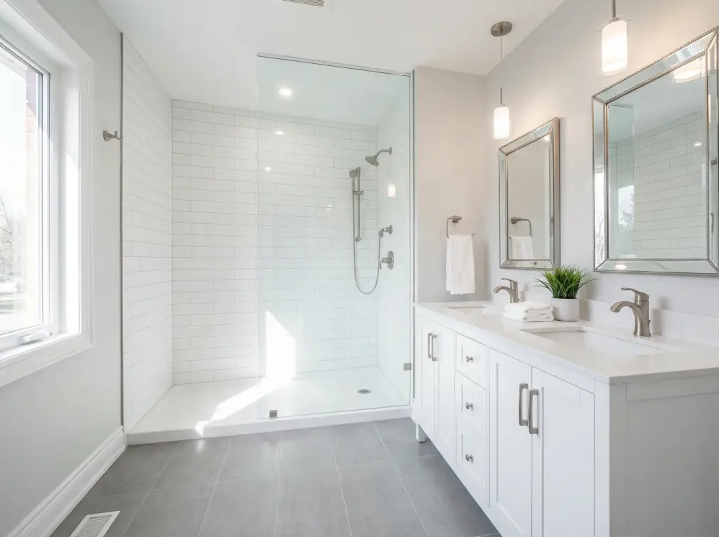 Modern Bradford bathroom with tile shower and floating vanity