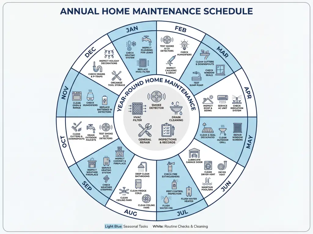 Circular calendar infographic showing 12 monthly home maintenance tasks for Barrie homes