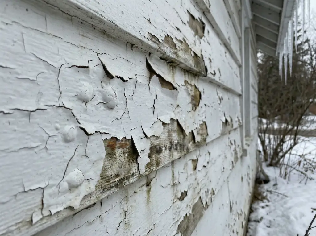 Peeling and bubbling exterior paint on Barrie home siding showing moisture damage and deterioration