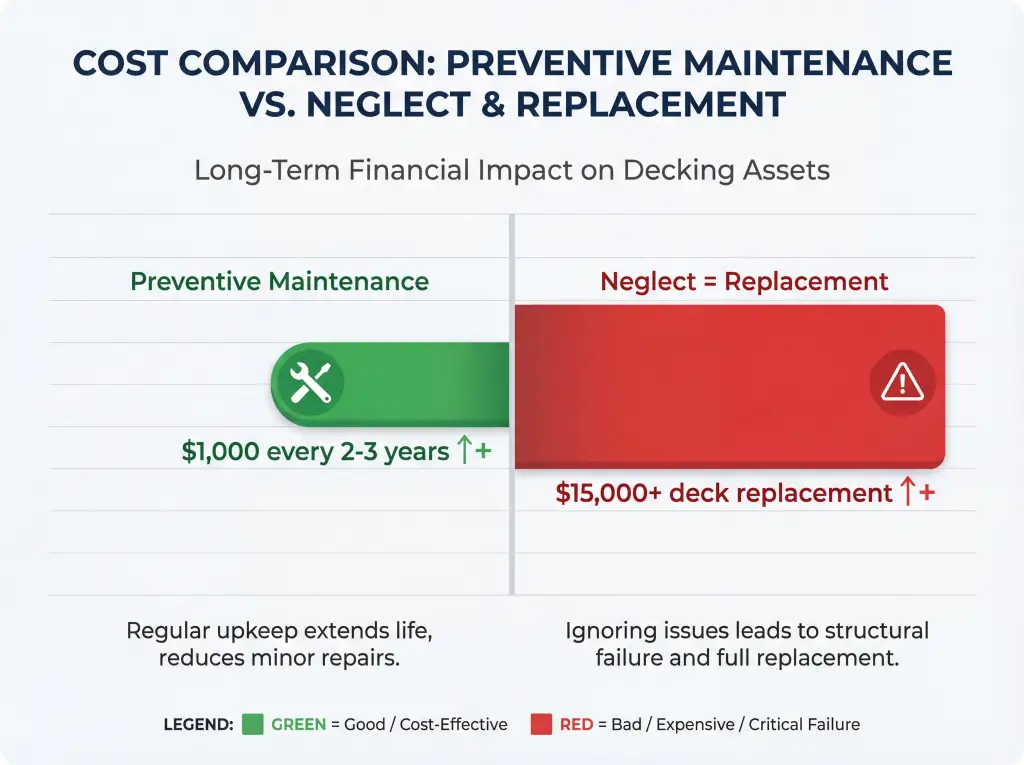 Bar chart comparing preventive maintenance costs of $1000 versus neglect emergency repair costs of $15000 plus