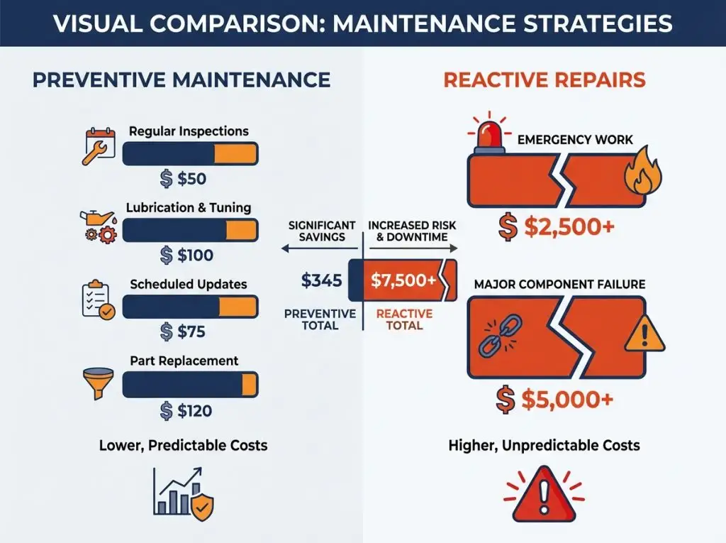 Visual comparison showing low preventive maintenance costs versus high reactive emergency repair costs for Barrie homes