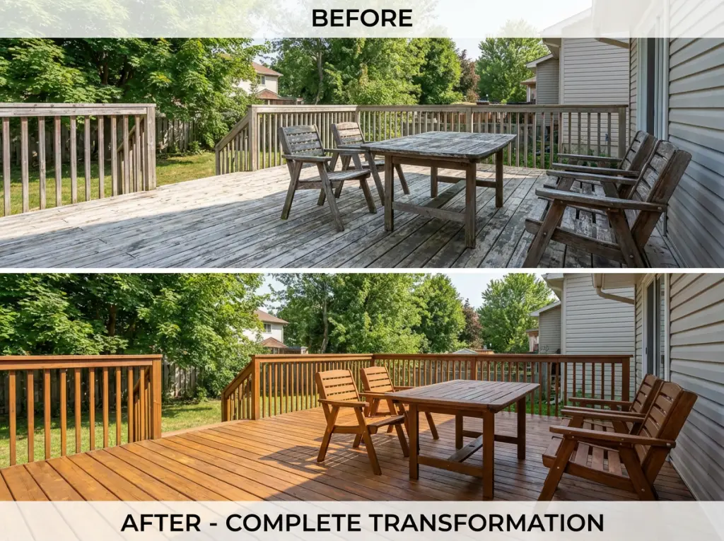 Before and after professional deck staining in Barrie showing dramatic color restoration and protection