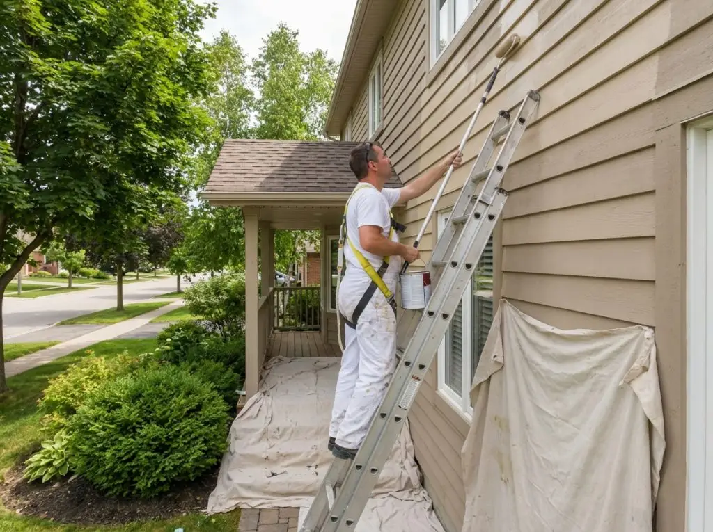 Professional painter painting exterior of Barrie home showing proper technique and equipment