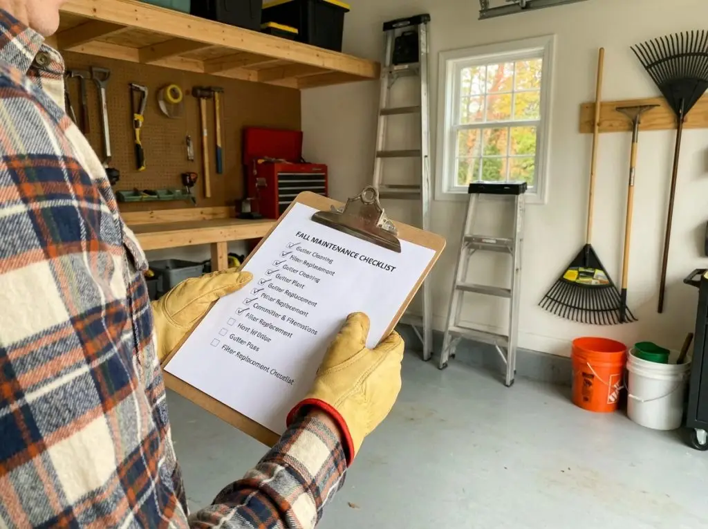 Homeowner checking off seasonal maintenance tasks on checklist with tools and supplies nearby