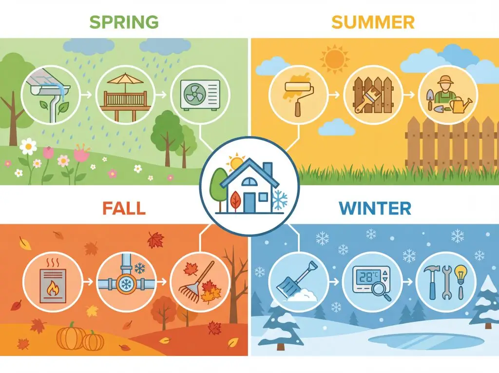 Four season infographic showing spring summer fall and winter home maintenance tasks for Barrie Ontario