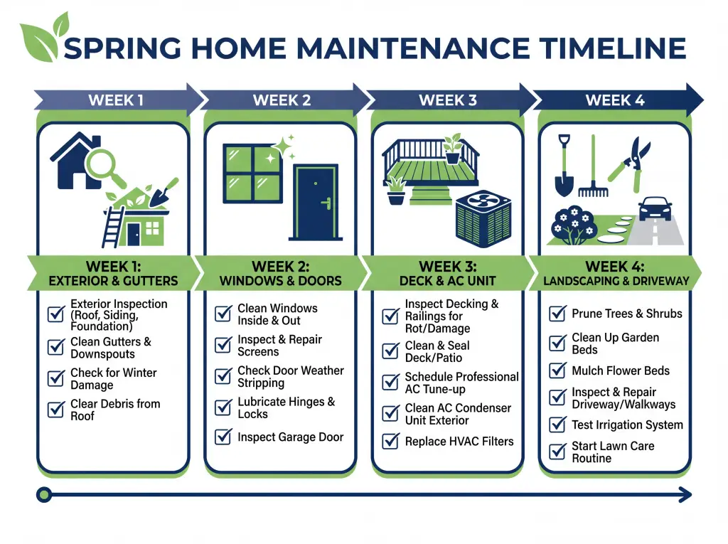 Spring home maintenance timeline for Barrie showing 10 critical tasks from March to May