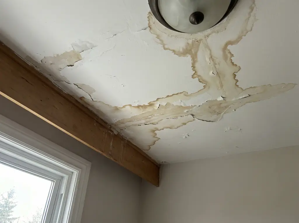 Water damage ceiling stain in Barrie home showing brown discolouration and peeling paint indicating roof leak