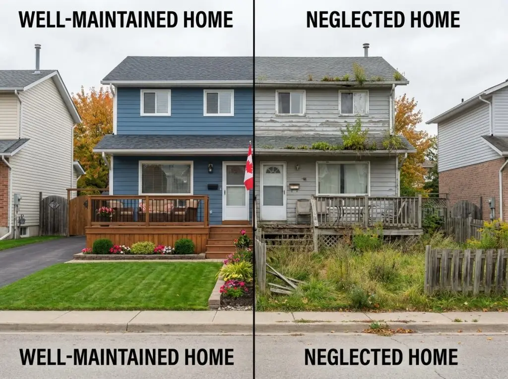 Split comparison showing well-maintained Barrie home versus neglected home illustrating maintenance cost impact