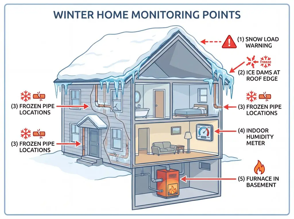 House cutaway diagram showing winter maintenance monitoring points including snow load ice dams frozen pipes and humidity