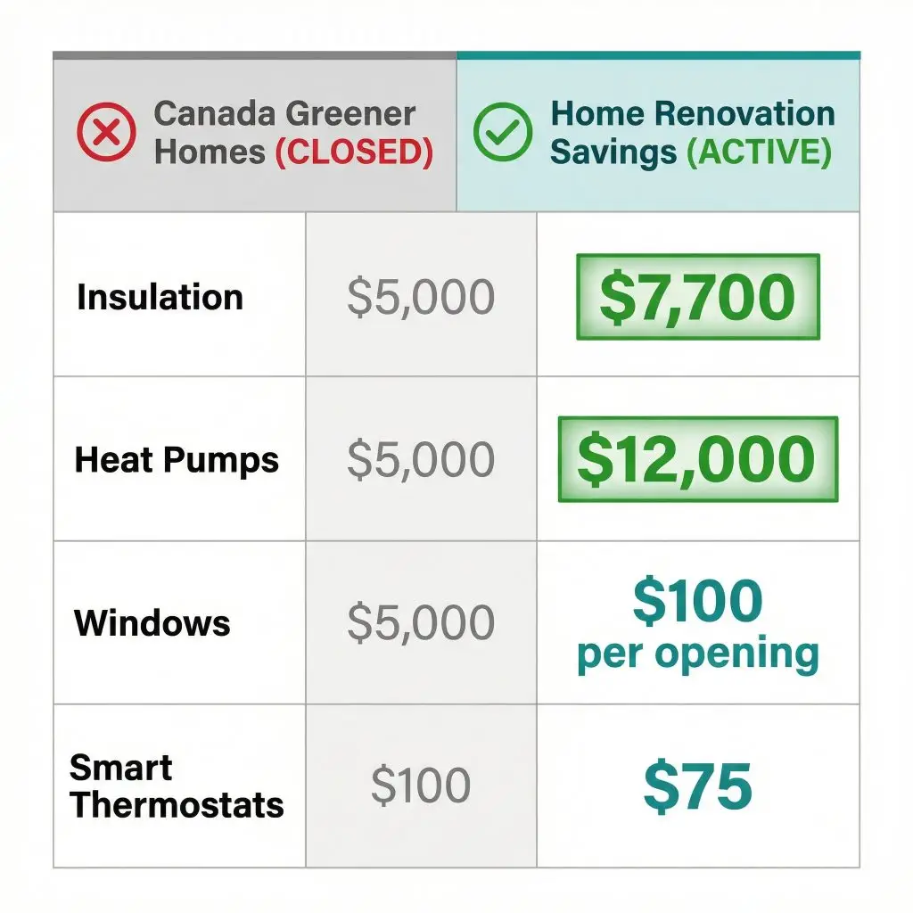 Comparison infographic showing rebate amounts between Canada Greener Homes (closed) and Home Renovation Savings program for insulation, heat pumps, and windows