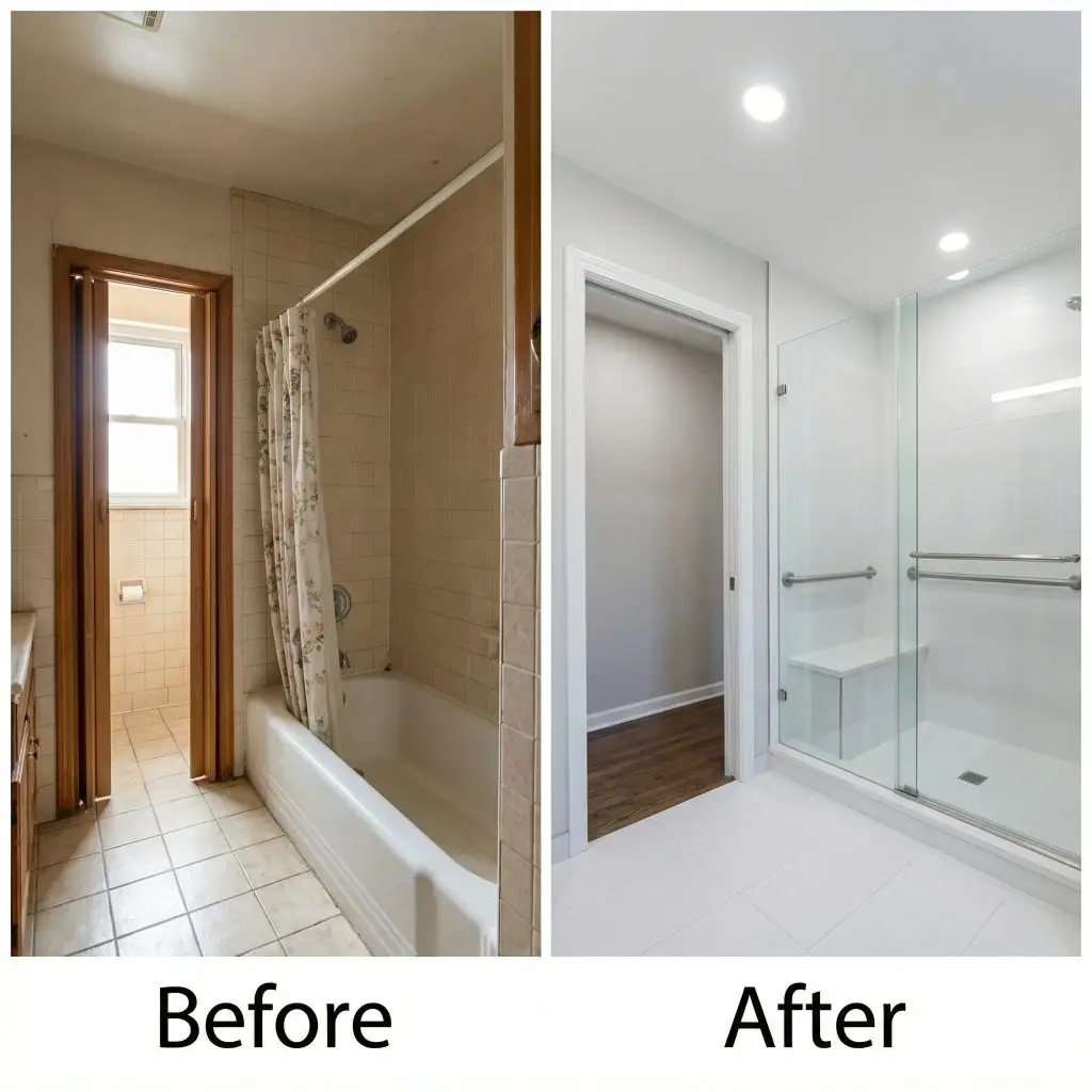 Before and after collage showing three home improvement projects: accessible bathroom renovation, attic insulation upgrade, and energy-efficient window installation