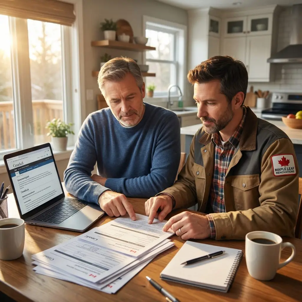 Homeowner and contractor sitting at kitchen table reviewing Ontario Renovates grant application paperwork together in Barrie home