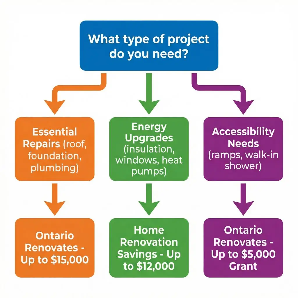 Decision tree flowchart helping homeowners choose between Ontario Renovates, Home Renovation Savings, and accessibility grant programs based on project type