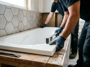 Handyman caulking the seam around a new bathtub during a Barrie bathtub replacement
