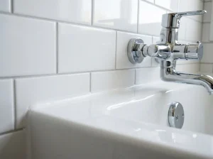 Close-up of a smooth white caulk line where bathtub meets tiled wall