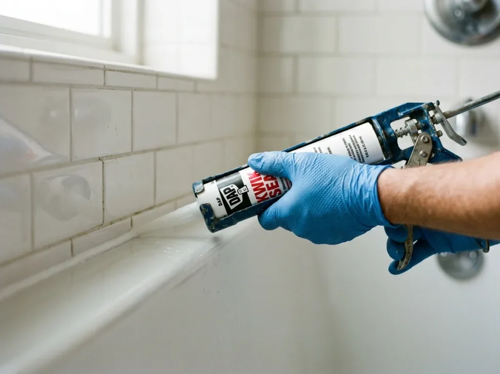 Gloved hands running a bead of caulk along a kitchen countertop seam