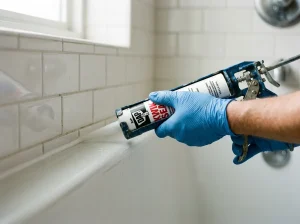 Gloved hands running a bead of caulk along a kitchen countertop seam