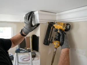 Handyman nailing crown molding into place at the ceiling line