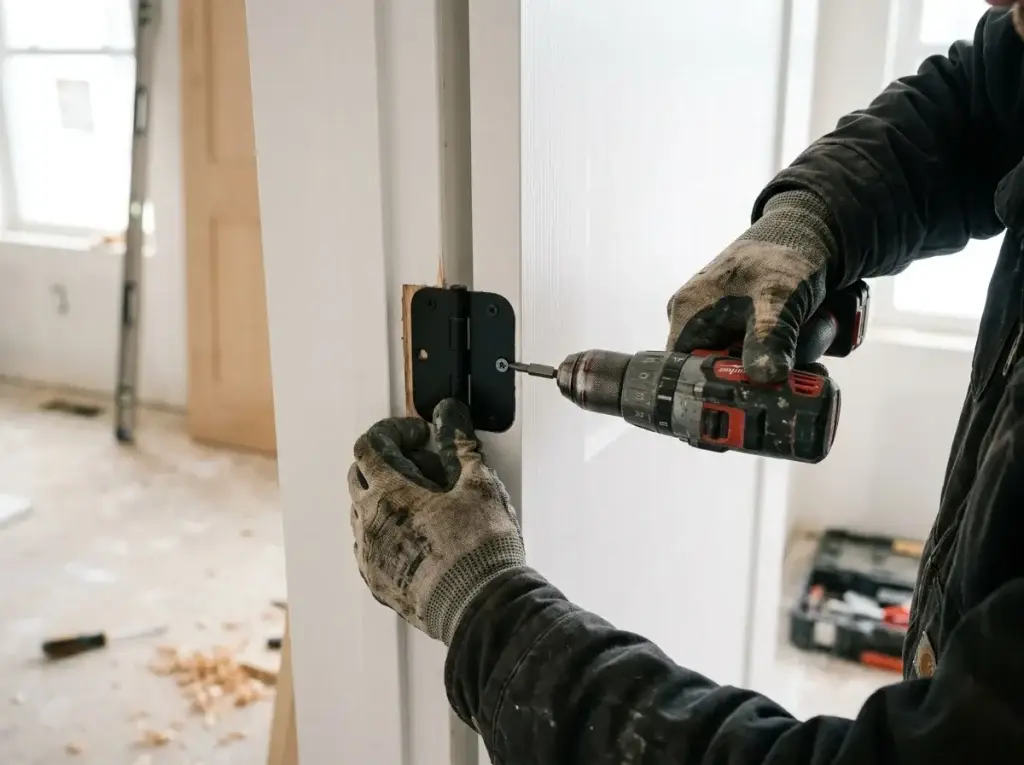 Handyman adjusting hinges while hanging a new interior door in its frame