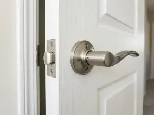 Close-up of a door latch and strike plate aligned in the jamb