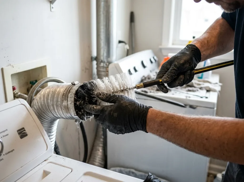 Handyman cleaning a dryer vent duct with a long rotary brush