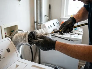 Handyman cleaning a dryer vent duct with a long rotary brush