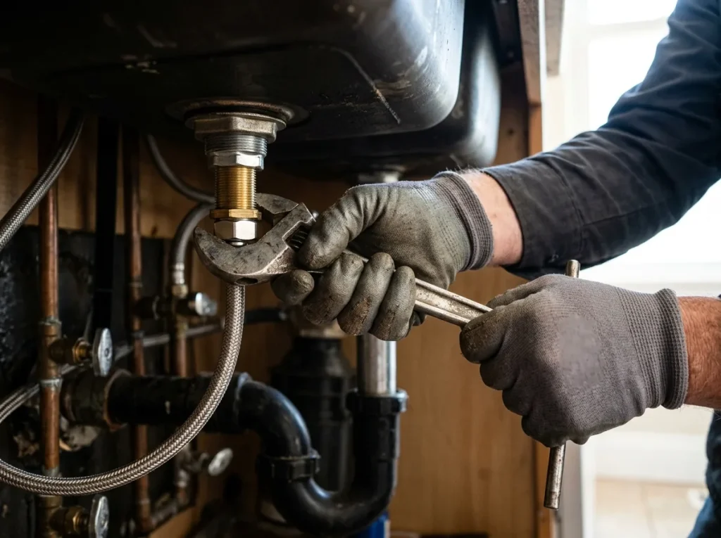 Gloved hands tightening a new kitchen faucet under the sink basin