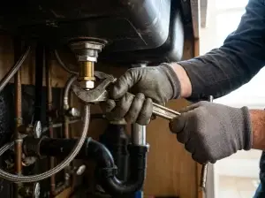 Gloved hands tightening a new kitchen faucet under the sink basin