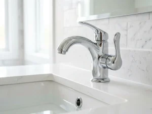 Close-up of a polished chrome faucet base sealed to the countertop