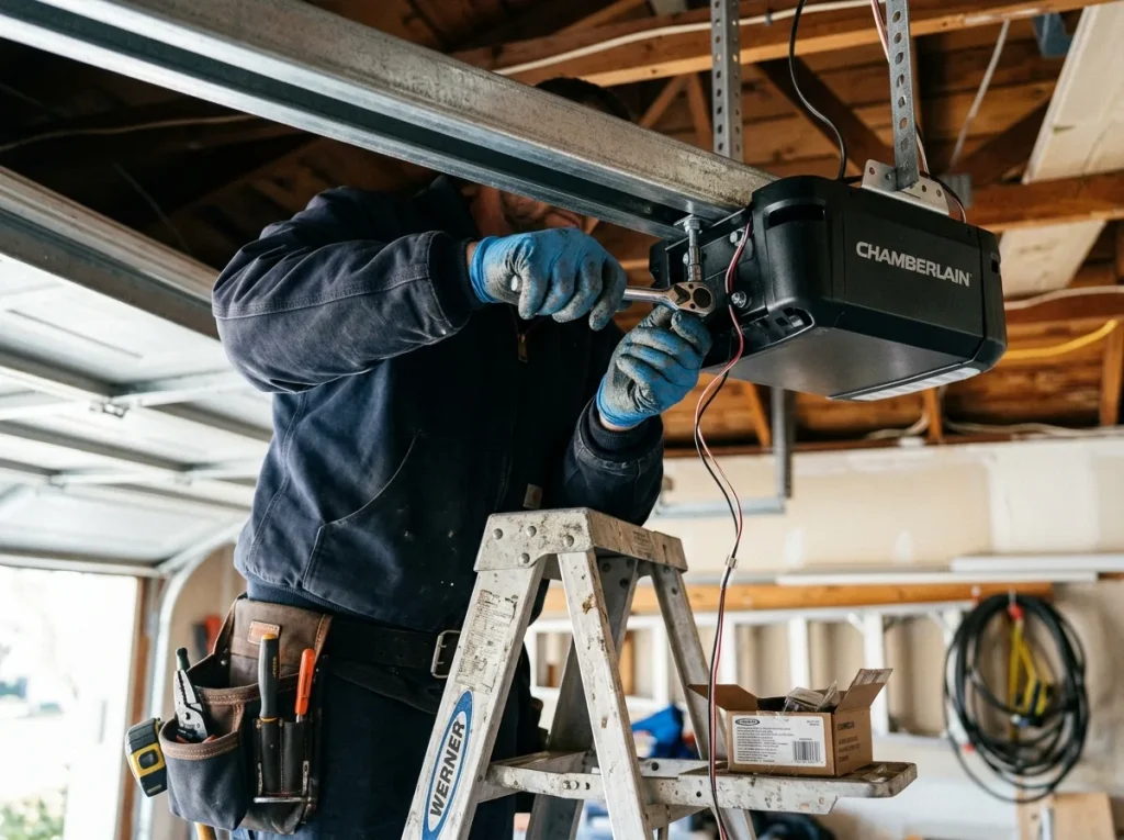 Handyman servicing a garage door opener motor unit on the ceiling