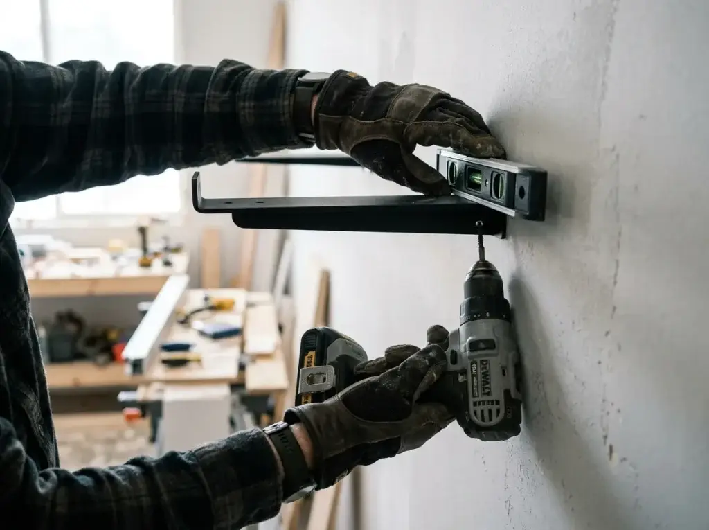 Handyman leveling a framed picture being mounted on a wall