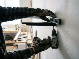 Handyman leveling a framed picture being mounted on a wall